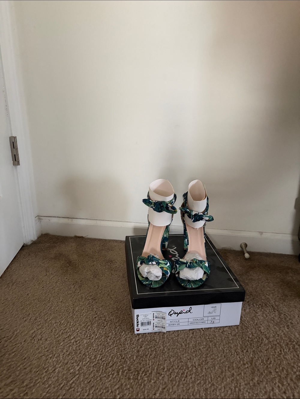 Qupid Green Floral Ankle-Strap Heels